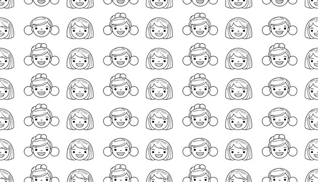 Simple line art seamless pattern of a cute smiling girl face with pigtails on a white background.
