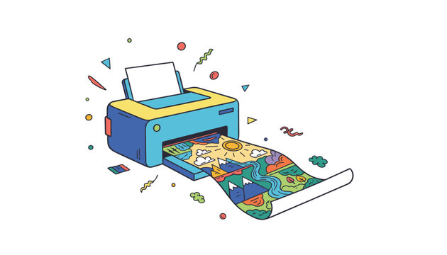 Colorful cartoon printer printing a long scenic landscape paper sheet with mountains and river in flat vector design.