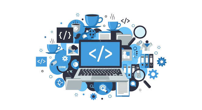 Modern Software Development and Web Programming Concept Illustration with Laptop, Code Tags, and Productivity Icons on White Background