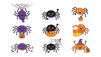 Fototapeta premium Cute Halloween Spiders: A collection of adorable, cartoonish spiders dressed for Halloween, some carrying pumpkins and candy corn, others adorned with witch hats.