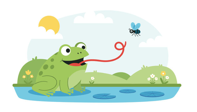 Happy green frog sitting on a lily pad in a blue pond catching a flying insect with its long red spiral tongue.