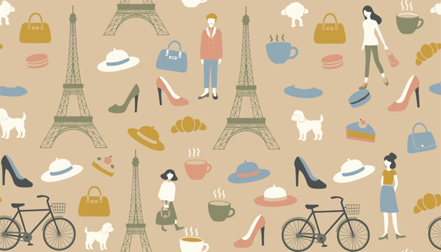 Chic and fashionable seamless pattern of parisian life featuring the eiffel tower stylish ladies shoes and hot coffee.