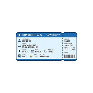 A blue airline boarding pass ticket for a flight from New York to London.