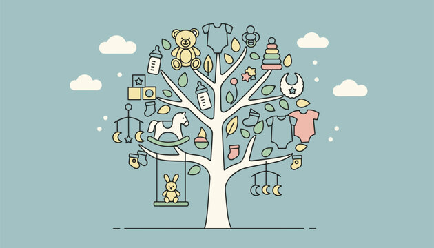 Whimsical baby tree concept illustration featuring a variety of cute toys clothes and accessories on its branches.