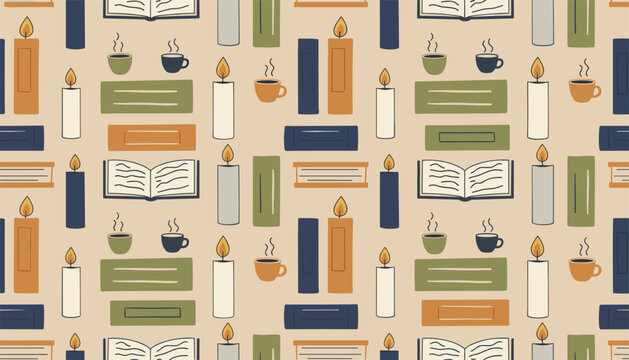 Cozy autumn seamless pattern with opened books, lit candles, hot coffee mugs, and warm seasonal decorative accents.