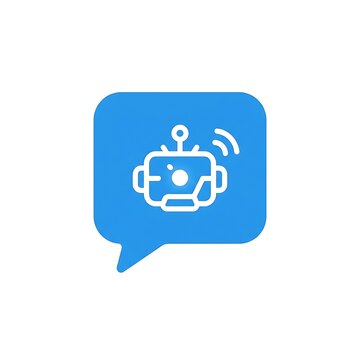 Blue speech bubble icon with a simple robot head symbol representing artificial intelligence communication.