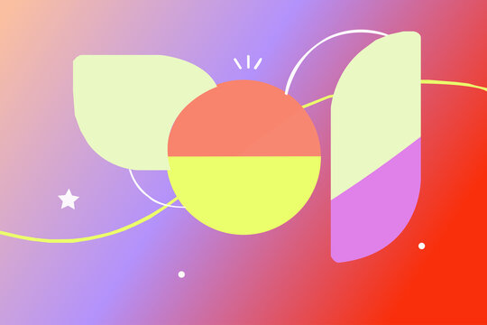 Abstract geometric background with split-color circle, organic shapes and wavy lines on vibrant gradient