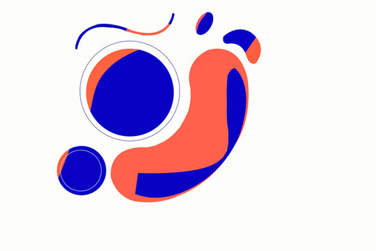 Abstract minimalist background with blue and orange fluid organic shapes on white
