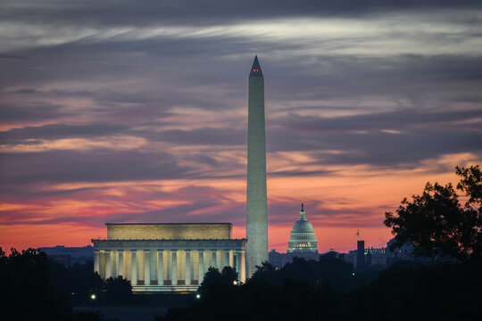 Washington D.C. skyline at night with major monuments in view - Washington D.C. United States of America
