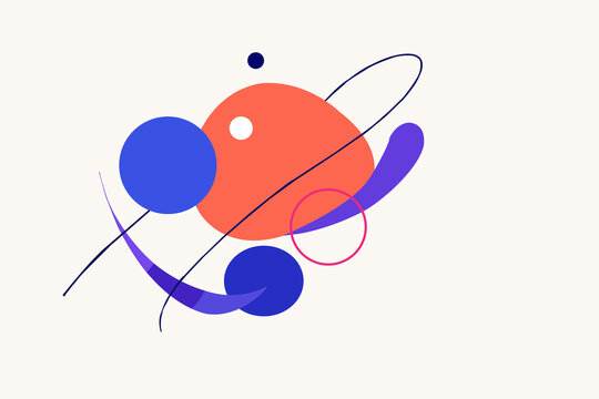 Abstract minimalist illustration with orange organic shape, blue circles and curved lines on off-white background