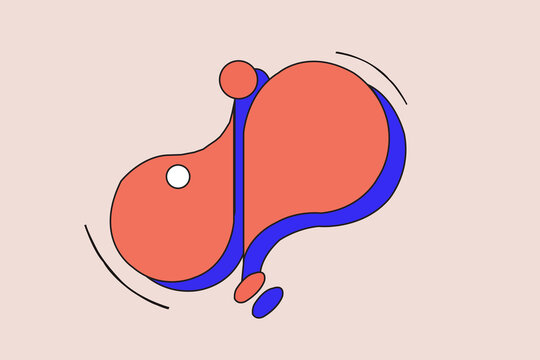 Abstract minimalist illustration with red and blue fluid organic shapes on pastel background