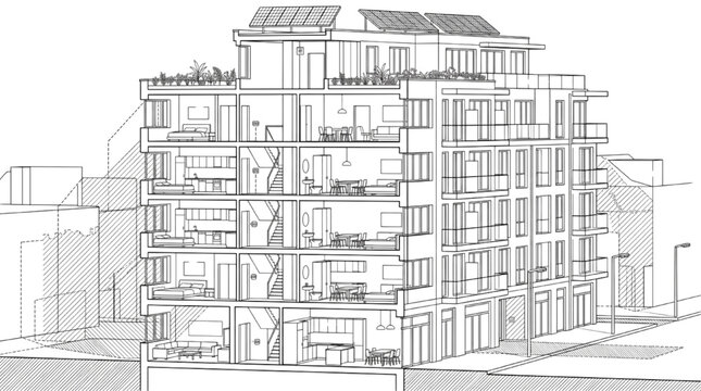 Cross section of multi story apartment building with solar panel and rooftop garden, stacked residential unit architectural illustration