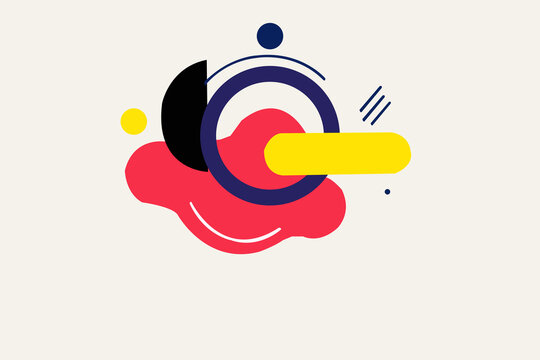 Abstract minimalist illustration with red organic shape, blue ring and yellow geometric elements