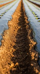 Obraz premium Rows of black plastic mulch laid across fertile soil in a garden bed to maintain moisture and suppress weeds for healthy vegetable growth, landscape, vegetable, growth
