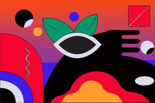 Abstract psychedelic background with surreal eye, green leaves and colorful geometric shapes on vibrant gradient