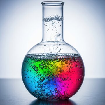 Vibrant liquid reactions inside laboratory glassware show colorful bubbles and effervescence within a sterile scientific research setting, science, colorful, orange