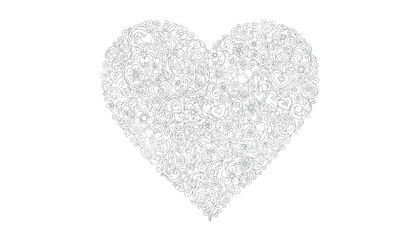 Fototapeta premium Intricate heart silhouette meticulously crafted from elegant filigree swirls and flowers is presented in detailed line art.
