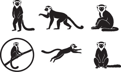 Sifaka Black Silhouette Icon Set Vector Lemur Wildlife Collection © VanChien