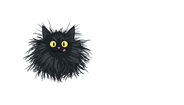 Fluffy black cat designed as a messy round ball of fur with big yellow eyes licks its lips on a clean white background.