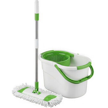 Green mop cleaning white bucket on floor