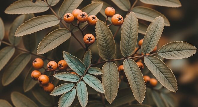 Autumn rowan berries and leaves with warm orange and muted green tones.