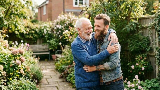 Two men embrace warmly in a blooming garden. Garden path winds through pink flowering plants. Wooden bench rests under leafy green trees. Soft sunlight filters through the branches above