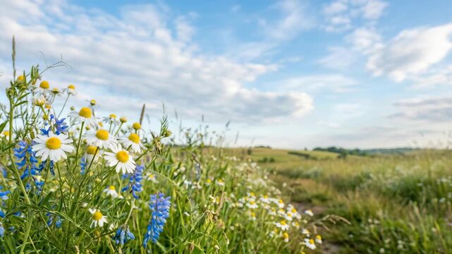 Vibrant wildflowers bloom against a clear blue sky with scattered clouds, in a grassy meadow at sunset.