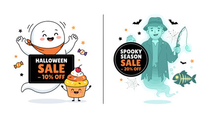 Fototapeta premium Halloween Sale Bundle: A playful ghost holding a Halloween Sale sign with a cupcake and candies, alongside a spooky ghost fisherman promoting a Spooky Season Sale with a skeleton fish.