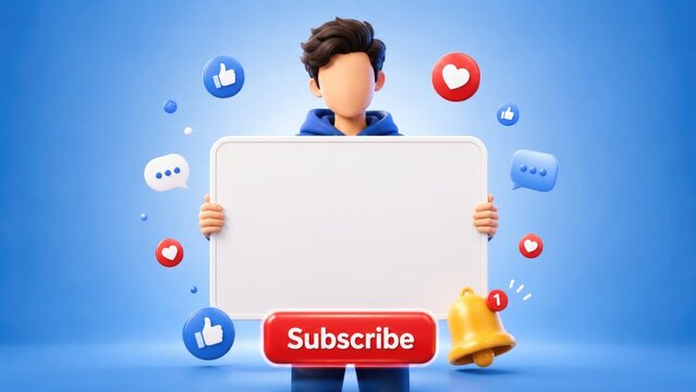 Young Man Holding Blank Sign with Social Media Icons