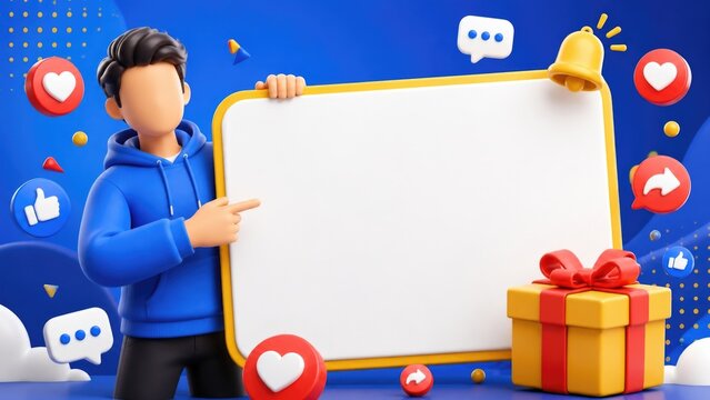 Young Man Holding Blank Sign with Social Media Icons