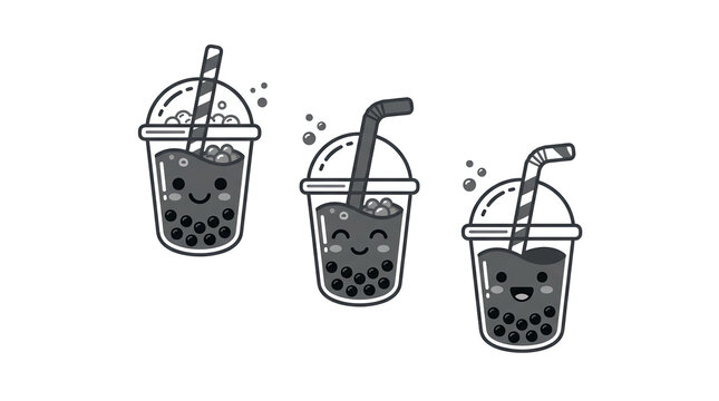 Cute Kawaii Boba Drinks Trio with Happy Faces