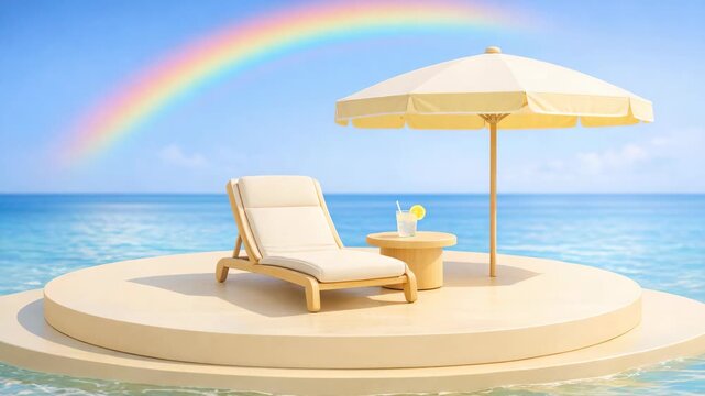 A serene beach setting with a sunbed and umbrella overlooking the ocean under a rainbow.