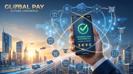 Obraz premium Digital wallet fintech application showing successful global payment transaction on smartphone against futuristic smart city background