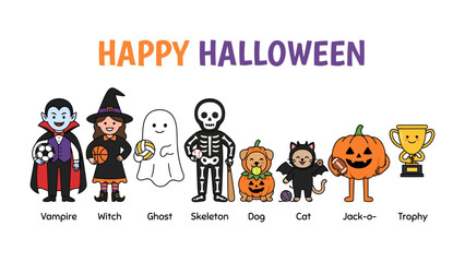 Fototapeta premium Happy Halloween Cartoon Characters: A whimsical collection of cartoon characters including a vampire, witch, ghost, skeleton, dog, cat, jack-o'-lantern, and trophy.