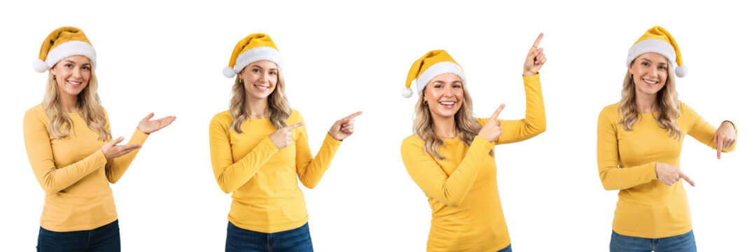 Mulher jovem loira usando gorro de Natal amarelo e apontando com as m&atilde;os, fundo transparente / Young blonde woman wearing a yellow Christmas hat and pointing with her hands, transparent background