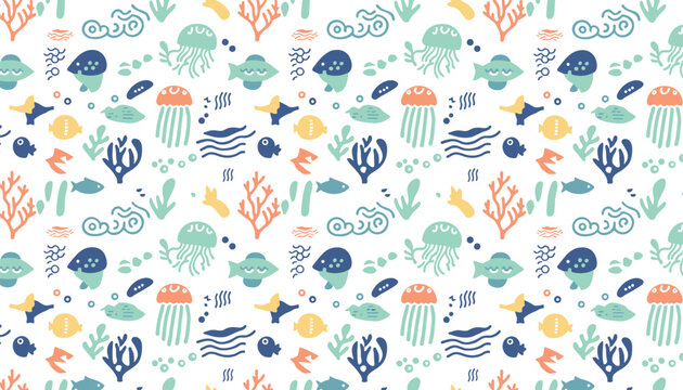 Seamless underwater pattern with colorful cartoon jellyfish, fish, seaweeds, and corals on a white background.