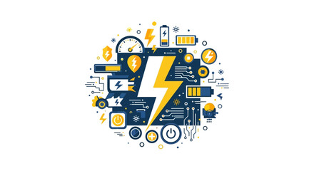 Fototapeta premium Energy and Battery Technology Concept Illustration with Lightning Bolt and Circuit Icons