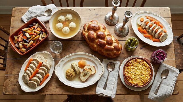 A festive shabbat dinner table with traditional challah bread and various delicious jewish meals. Chilean Cuisine 