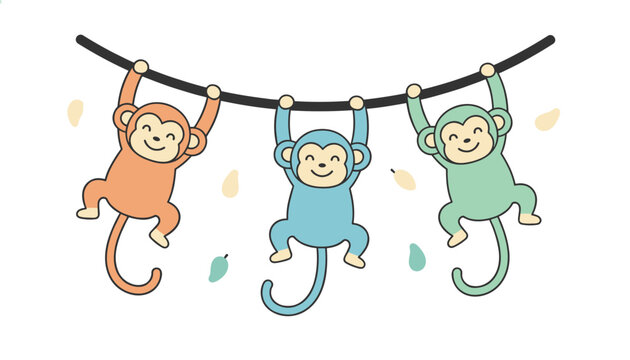 Three cute colorful monkeys hanging from a vine and smiling playfully on a white background with falling leaves.