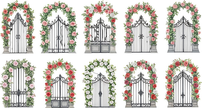 Set of decorative garden gates with floral arches featuring blooming roses and climbing vines in vector illustration