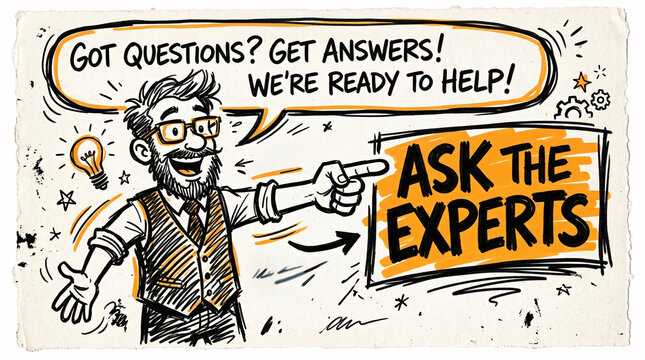 Hand drawn sketch illustration of smiling bearded professional pointing at text "GOT QUESTIONS? GET ANSWERS! WE'RE READY TO HELP!" and "ASK THE EXPERTS"