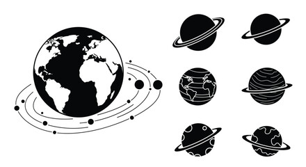 Planets And Orbiting Objects Black Silhouette On White Background © Art_Sphere
