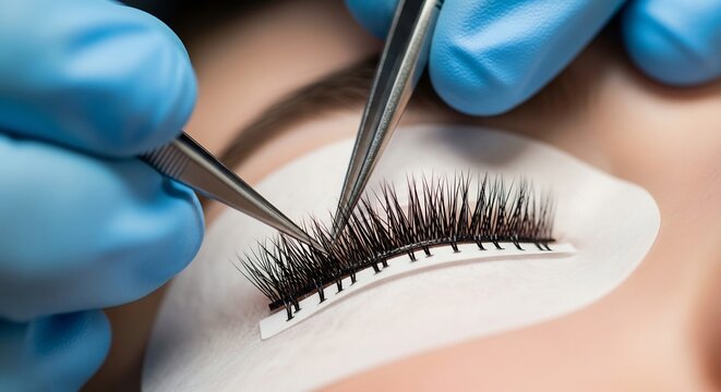Applying false eyelashes with tweezers in a beauty salon