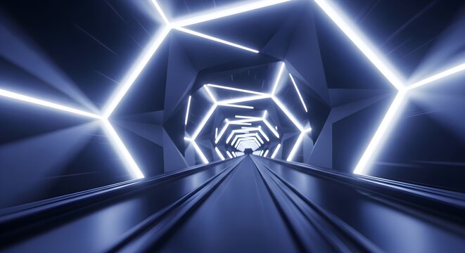 Futuristic hexagonal tunnel with blue glowing neon lights and high speed motion blur effect
