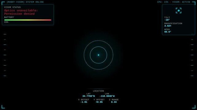 Animated overlay of the Robot-Visor Online system with crosshair and telemetry. Drone POV with GPS coordinates, offsets on a black looped background for overlaying.