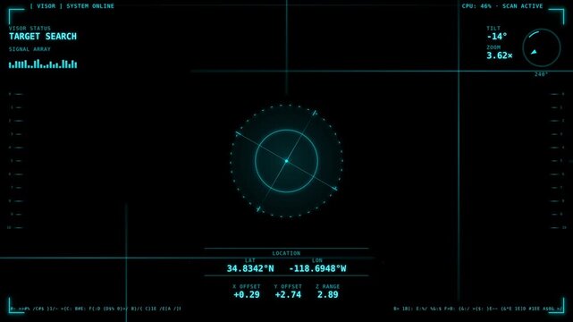 Looped Sci-fi HUD robot visor overlay with crosshair, GPS coordinates and telemetry, drone POV interface with active scanning on a black background for Screen mode overlay.