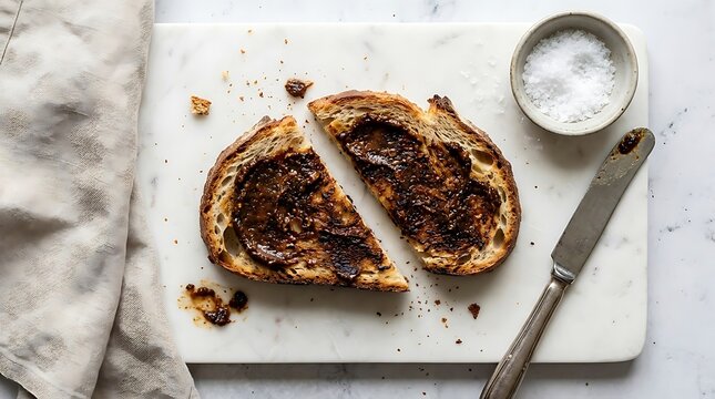 Two slices of toasted bread with peanut butter and berry jam on a marble board with a knife. Vegemite sandwich
