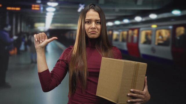Woman holds cardboard box and points thumb to train inside underground building platform, wearing burgundy top and long hair; package delivery frustration.