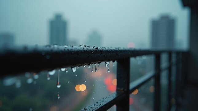 Primer plano de gotas de lluvia adheridas a la barandilla met&aacute;lica de un balc&oacute;n