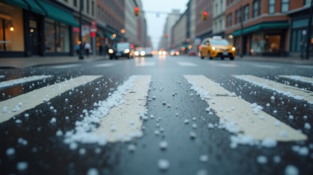 Primer plano de granizos rebotando sobre el asfalto negro, junto a las l&iacute;neas pintadas de un paso de peatones